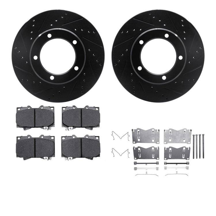 8312-76115 Drilled/Slotted Brake Rotors with 3000-Series Ceramic Brake Pads Kit & Hardware [Black], 1998-2007 Lexus/Toyota/Scion
