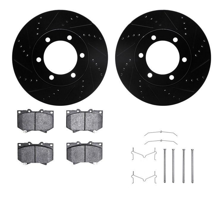8312-76117 Drilled/Slotted Brake Rotors with 3000-Series Ceramic Brake Pads Kit & Hardware [Black], 2000-2002 Lexus/Toyota/Scion