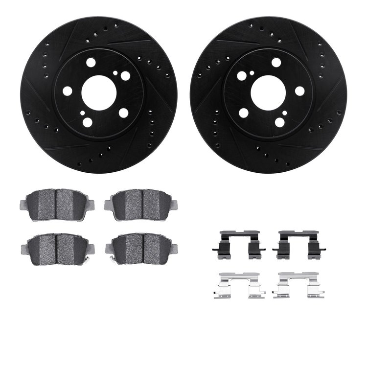 8312-76122 Drilled/Slotted Brake Rotors with 3000-Series Ceramic Brake Pads Kit & Hardware [Black], 2004-2009 Lexus/Toyota/Scion