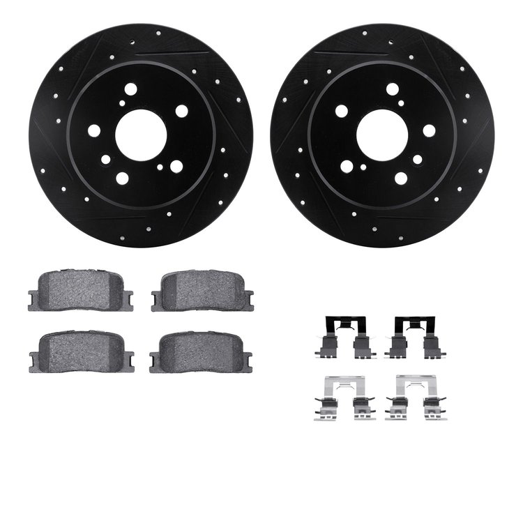 8312-76133 Drilled/Slotted Brake Rotors with 3000-Series Ceramic Brake Pads Kit & Hardware [Black], 2001-2003 Lexus/Toyota/Scion