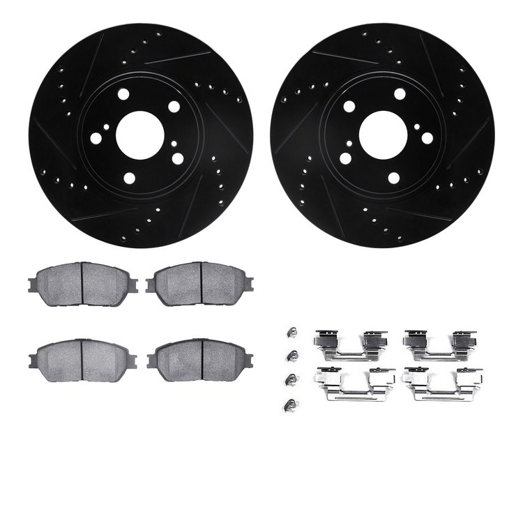 8312-76135 Drilled/Slotted Brake Rotors with 3000-Series Ceramic Brake Pads Kit & Hardware [Black], 2003-2006 Lexus/Toyota/Scion