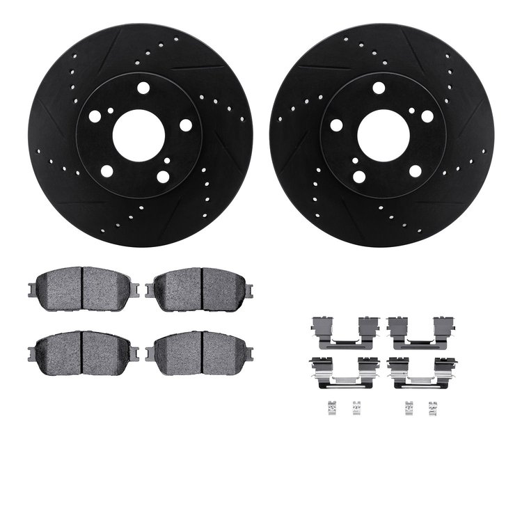 8312-76138 Drilled/Slotted Brake Rotors with 3000-Series Ceramic Brake Pads Kit & Hardware [Black], 2005-2015 Lexus/Toyota/Scion