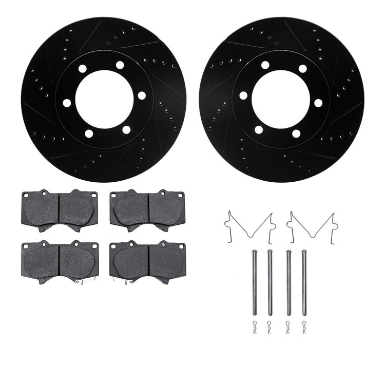 8312-76145 Drilled/Slotted Brake Rotors with 3000-Series Ceramic Brake Pads Kit & Hardware [Black], 2000-2007 Lexus/Toyota/Scion