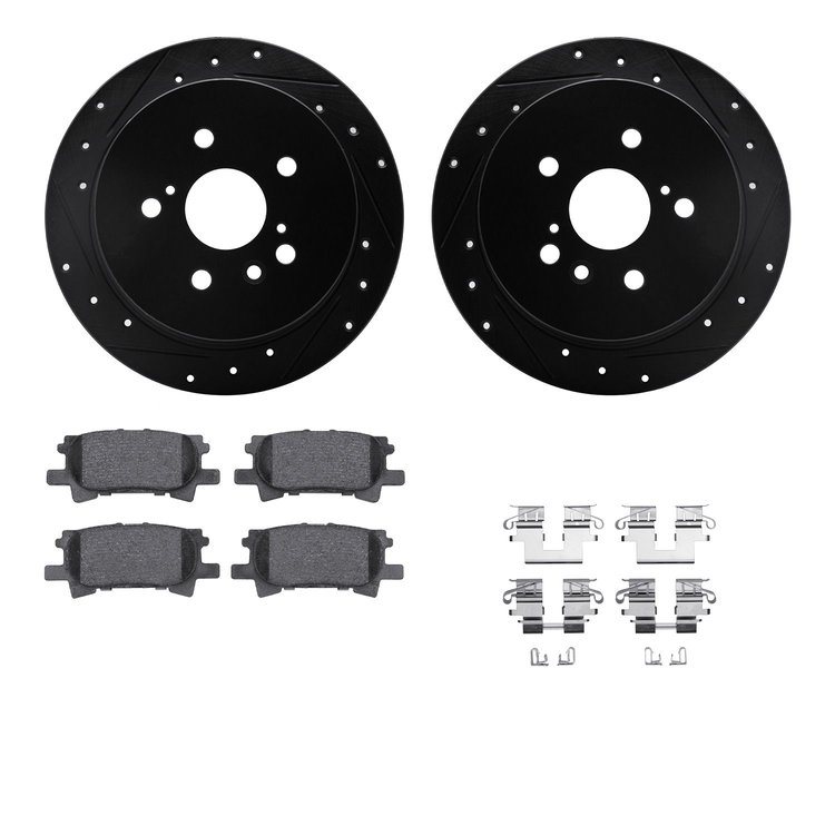 8312-76150 Drilled/Slotted Brake Rotors with 3000-Series Ceramic Brake Pads Kit & Hardware [Black], 2004-2009 Lexus/Toyota/Scion