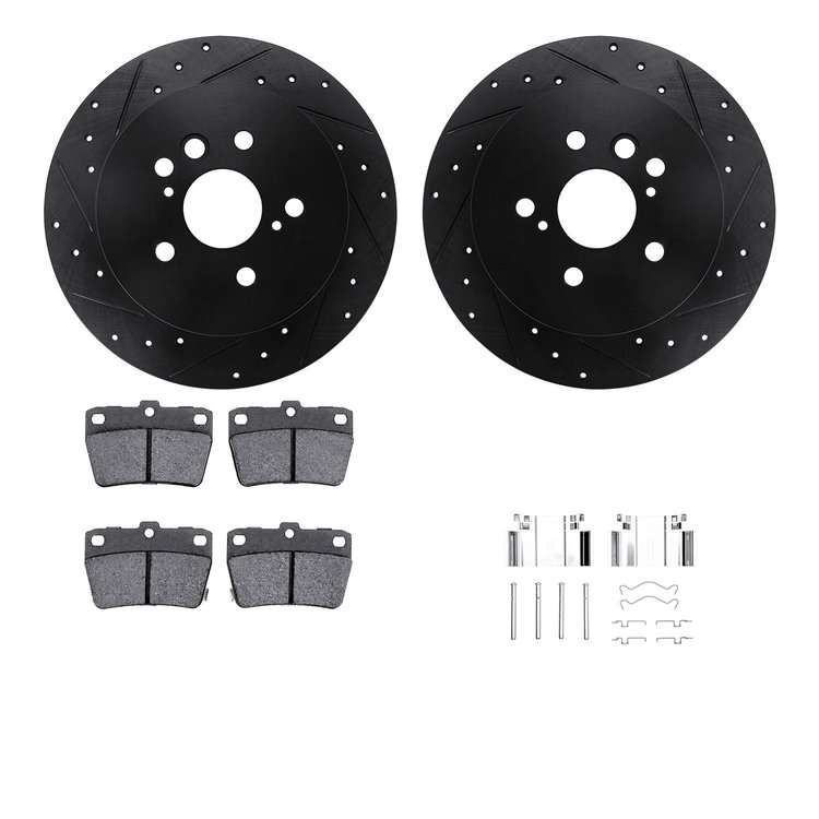 8312-76152 Drilled/Slotted Brake Rotors with 3000-Series Ceramic Brake Pads Kit & Hardware [Black], 2004-2005 Lexus/Toyota/Scion