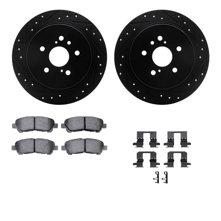 8312-76165 Drilled/Slotted Brake Rotors with 3000-Series Ceramic Brake Pads Kit & Hardware [Black], 2008-2013 Lexus/Toyota/Scion