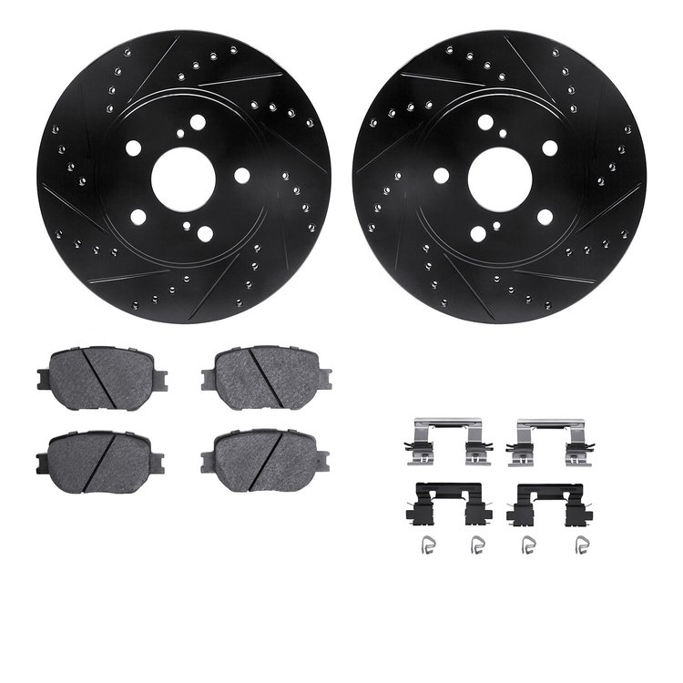 8312-76182 Drilled/Slotted Brake Rotors with 3000-Series Ceramic Brake Pads Kit & Hardware [Black], 2014-2015 Lexus/Toyota/Scion