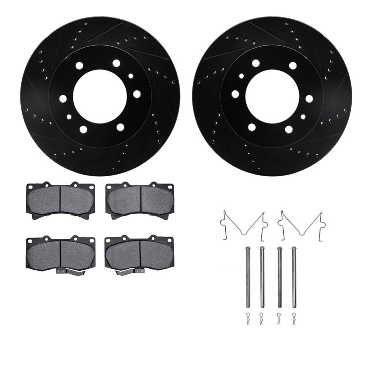 8312-93001 Drilled/Slotted Brake Rotors with 3000-Series Ceramic Brake Pads Kit & Hardware [Black], 2006-2010 GM, Position: Fron