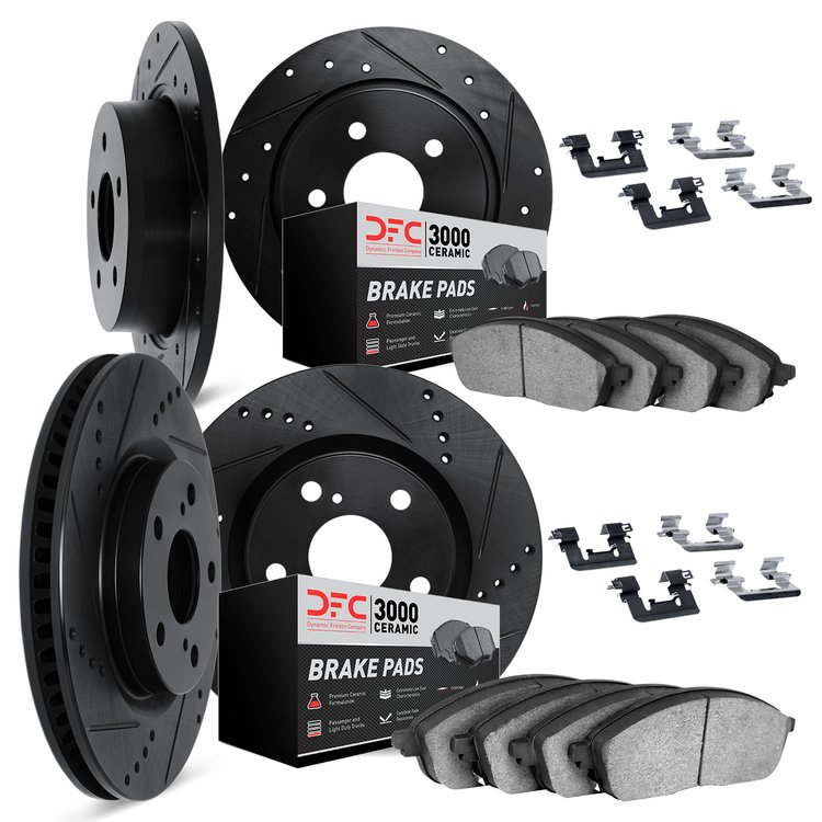 8314-13013 Drilled/Slotted Brake Rotors with 3000-Series Ceramic Brake Pads Kit & Hardware [Black], 2002-2003 Subaru, Position: 