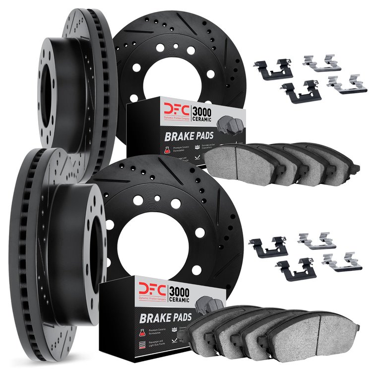 8314-48016 Drilled/Slotted Brake Rotors with 3000-Series Ceramic Brake Pads Kit & Hardware [Black], 2003-2008 GM, Position: Fron