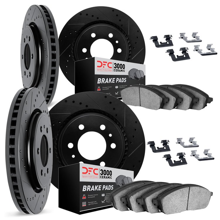 8314-48018 Drilled/Slotted Brake Rotors with 3000-Series Ceramic Brake Pads Kit & Hardware [Black], 2003-2007 GM, Position: Fron