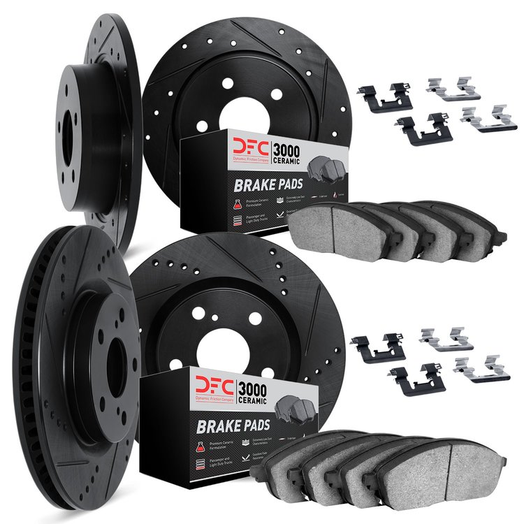 8314-59027 Drilled/Slotted Brake Rotors with 3000-Series Ceramic Brake Pads Kit & Hardware [Black], 2001-2002 Acura/Honda, Posit