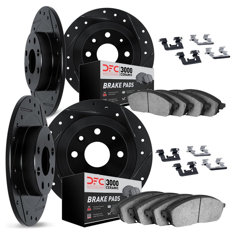 8314-67002 Drilled/Slotted Brake Rotors with 3000-Series Ceramic Brake Pads Kit & Hardware [Black], 1982-1983 Infiniti/Nissan, P