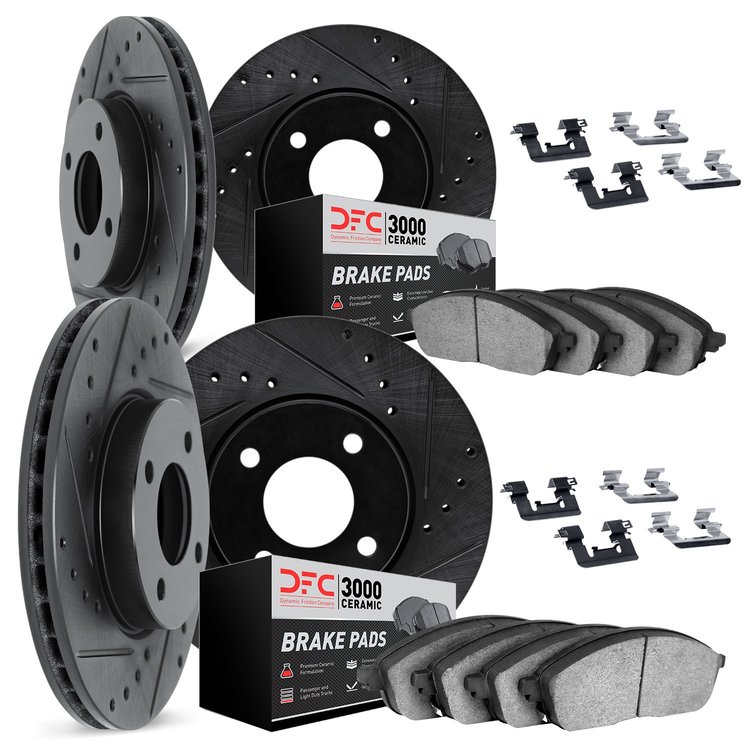 8314-76003 Drilled/Slotted Brake Rotors with 3000-Series Ceramic Brake Pads Kit & Hardware [Black], 1985-1987 Lexus/Toyota/Scion