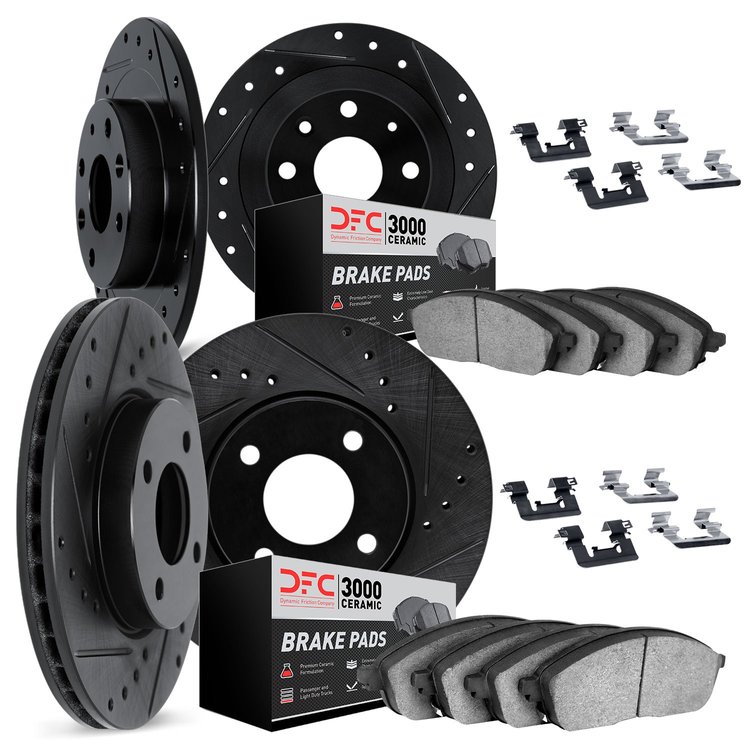 8314-76008 Drilled/Slotted Brake Rotors with 3000-Series Ceramic Brake Pads Kit & Hardware [Black], 1989-1992 Multiple Makes/Mod