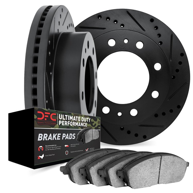 8402-40001 Drilled/Slotted Brake Rotors with Ultimate-Duty Brake Pads Kit [Black], 1988-2000 Multiple Makes/Models, Position: Fr