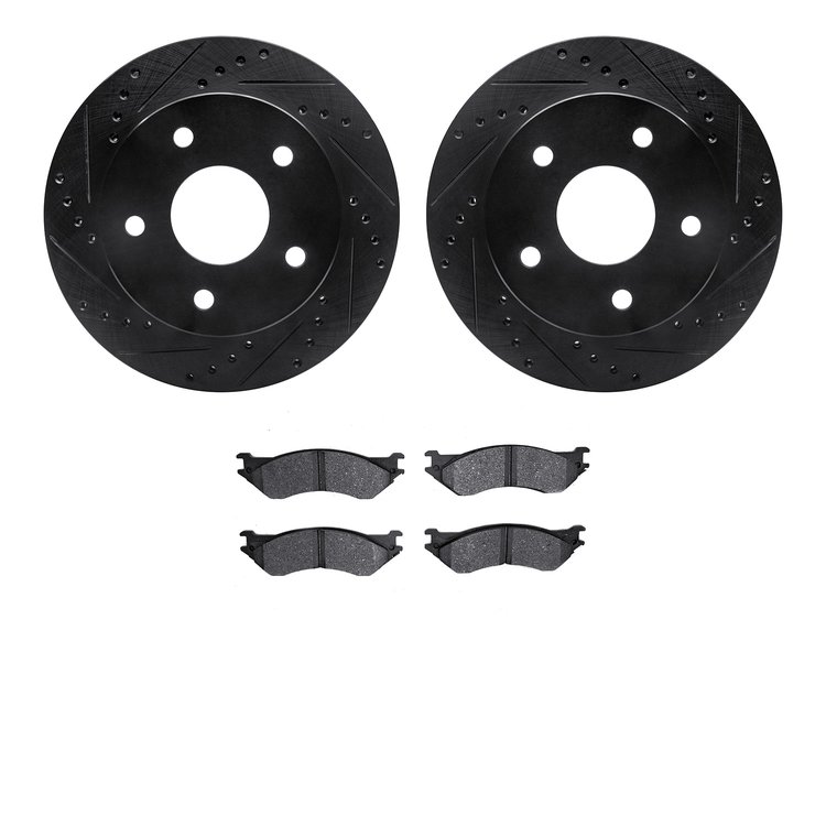 8402-40007 Drilled/Slotted Brake Rotors with Ultimate-Duty Brake Pads Kit [Black], 2000-2001 Mopar, Position: Front