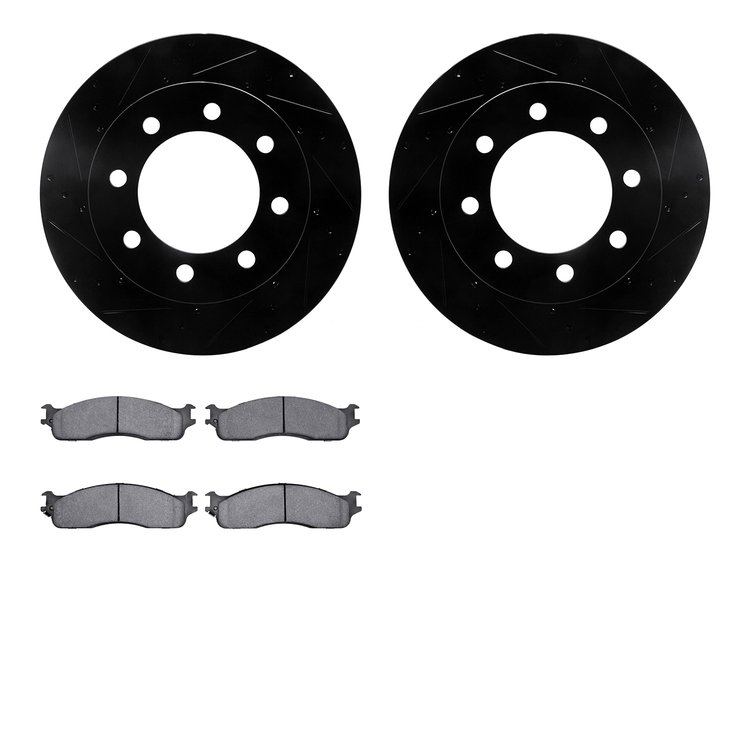 8402-40017 Drilled/Slotted Brake Rotors with Ultimate-Duty Brake Pads Kit [Black], 2003-2008 Mopar, Position: Front