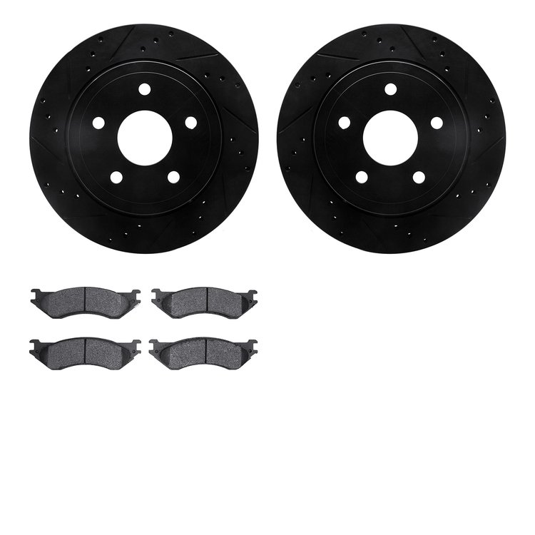 8402-40020 Drilled/Slotted Brake Rotors with Ultimate-Duty Brake Pads Kit [Black], 2004-2006 Mopar, Position: Rear