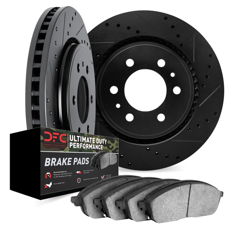 8402-40026 Drilled/Slotted Brake Rotors with Ultimate-Duty Brake Pads Kit [Black], Fits Select Mopar, Position: Front