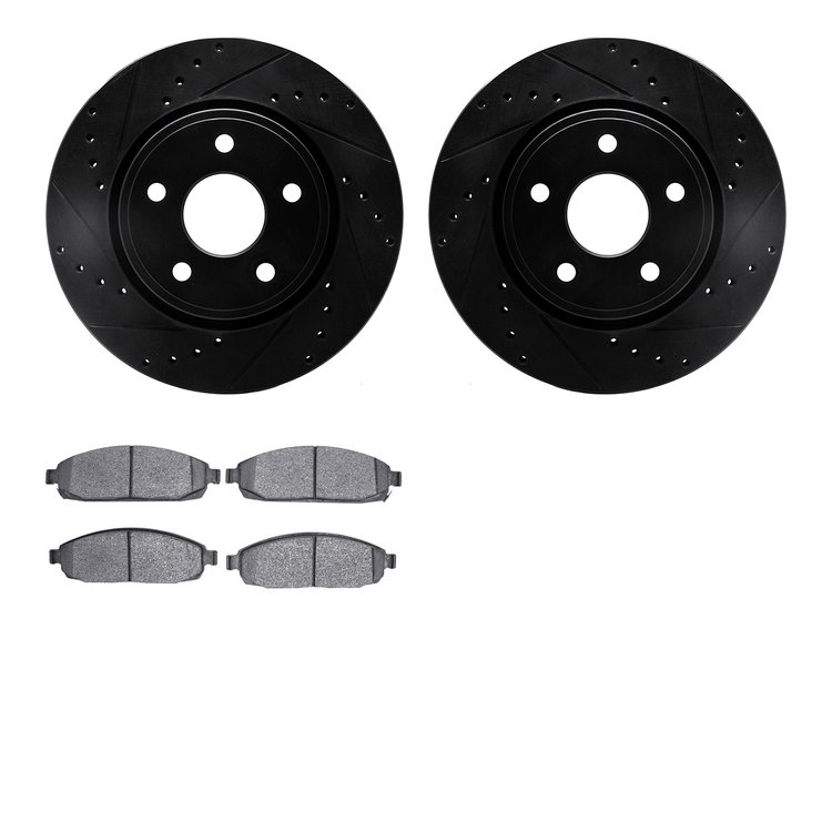 8402-42001 Drilled/Slotted Brake Rotors with Ultimate-Duty Brake Pads Kit [Black], 2005-2010 Mopar, Position: Front