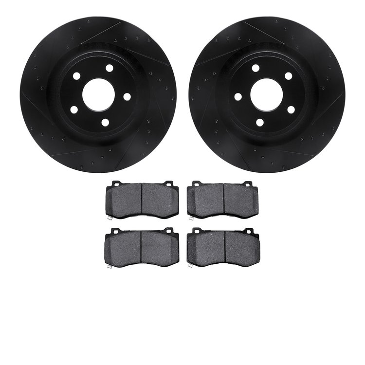 8402-42003 Drilled/Slotted Brake Rotors with Ultimate-Duty Brake Pads Kit [Black], 2006-2010 Mopar, Position: Front