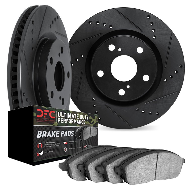 8402-42026 Drilled/Slotted Brake Rotors with Ultimate-Duty Brake Pads Kit [Black], 2011-2012 Mopar, Position: Front