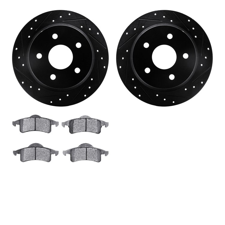 8402-42032 Drilled/Slotted Brake Rotors with Ultimate-Duty Brake Pads Kit [Black], 1999-2004 Mopar, Position: Rear