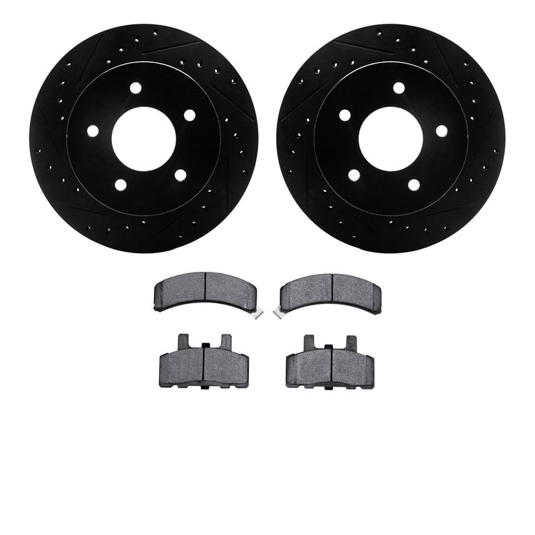 8402-48011 Drilled/Slotted Brake Rotors with Ultimate-Duty Brake Pads Kit [Black], 1990-2002 GM, Position: Front