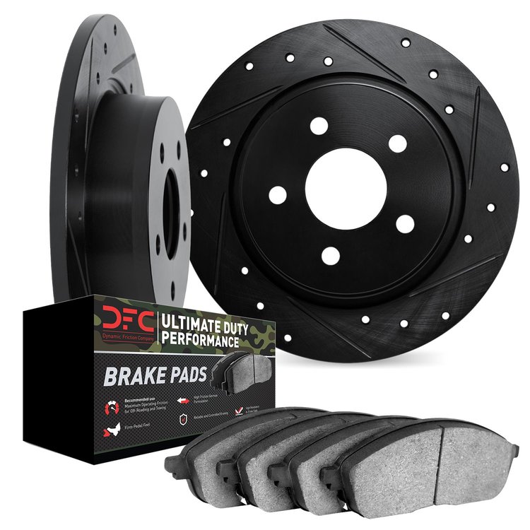 8402-54069 Drilled/Slotted Brake Rotors with Ultimate-Duty Brake Pads Kit [Black], 2003-2005 Ford/Lincoln/Mercury/Mazda, Positio