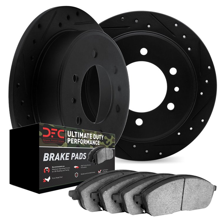 8402-76003 Drilled/Slotted Brake Rotors with Ultimate-Duty Brake Pads Kit [Black], 1981-1985 Lexus/Toyota/Scion, Position: Front
