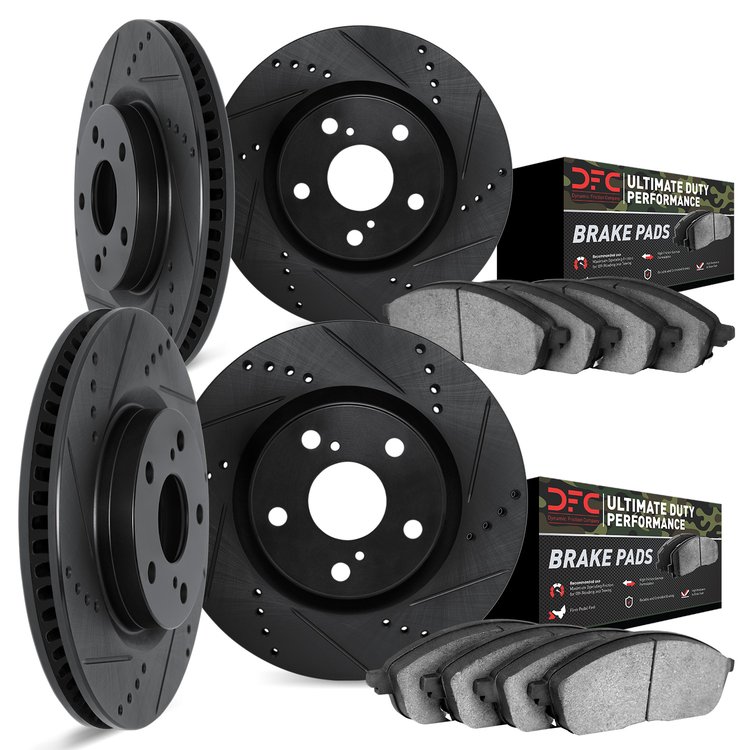 8404-40004 Drilled/Slotted Brake Rotors with Ultimate-Duty Brake Pads Kit [Black], 2003-2003 Mopar, Position: Front and Rear