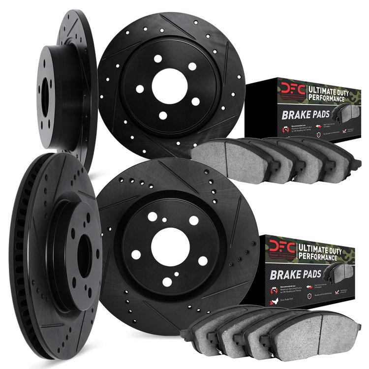 8404-42018 Drilled/Slotted Brake Rotors with Ultimate-Duty Brake Pads Kit [Black], Fits Select Mopar, Position: Front and Rear