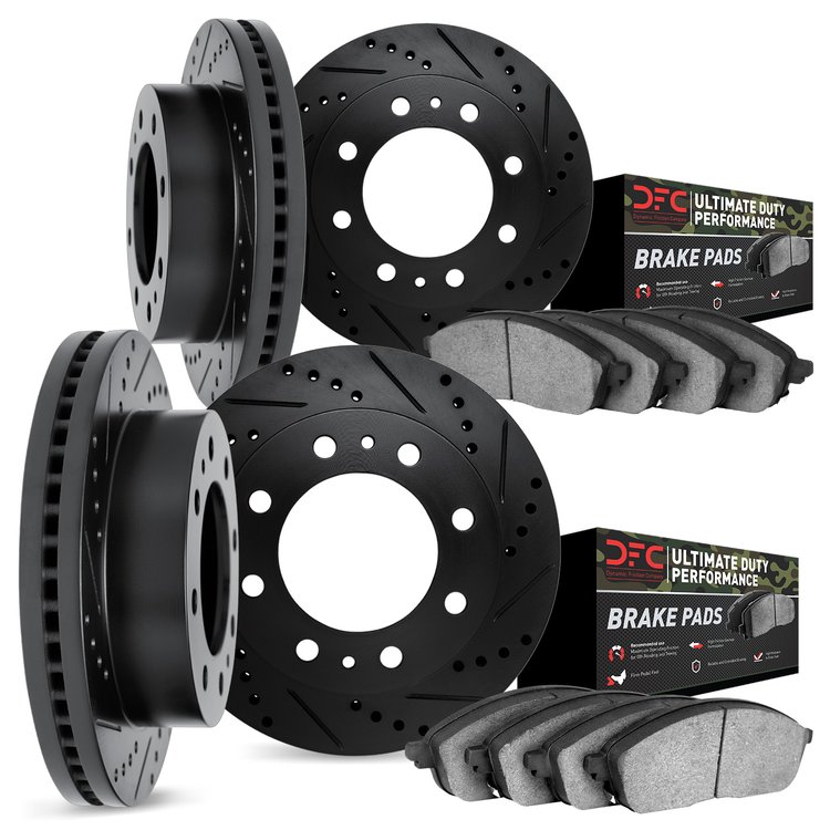 8404-48007 Drilled/Slotted Brake Rotors with Ultimate-Duty Brake Pads Kit [Black], 1999-2013 GM, Position: Front and Rear