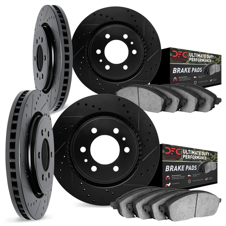8404-48014 Drilled/Slotted Brake Rotors with Ultimate-Duty Brake Pads Kit [Black], 2007-2008 GM, Position: Front and Rear