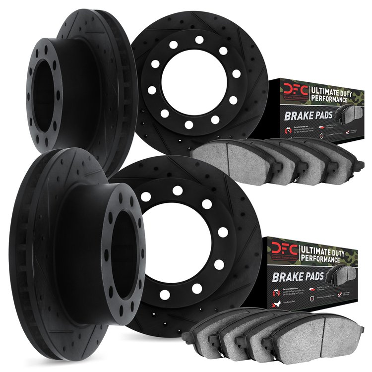 8404-54015 Drilled/Slotted Brake Rotors with Ultimate-Duty Brake Pads Kit [Black], 2006-2019 Ford/Lincoln/Mercury/Mazda, Positio
