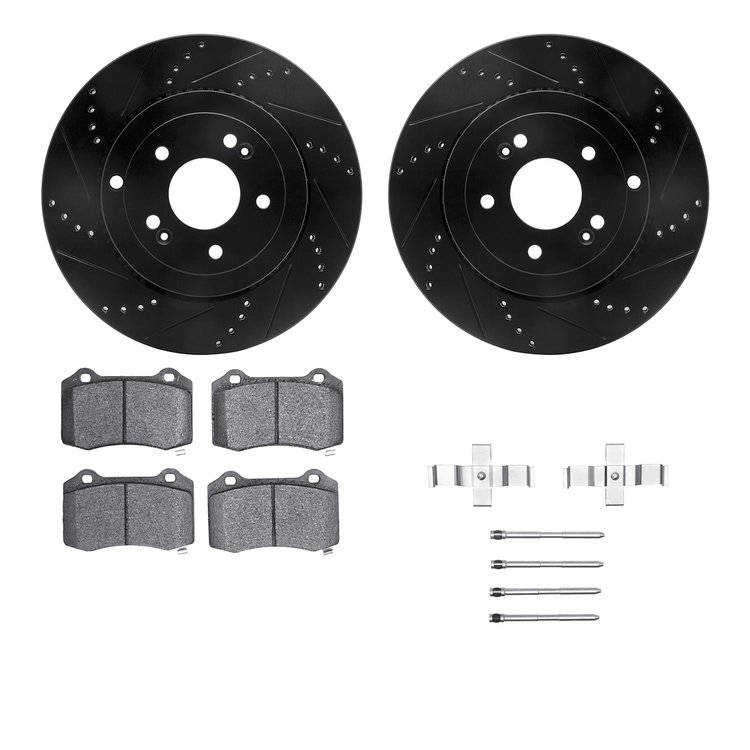 8412-03001 Drilled/Slotted Brake Rotors with Ultimate-Duty Brake Pads Kit & Hardware [Black], 2010-2016 Kia/Hyundai/Genesis, Pos