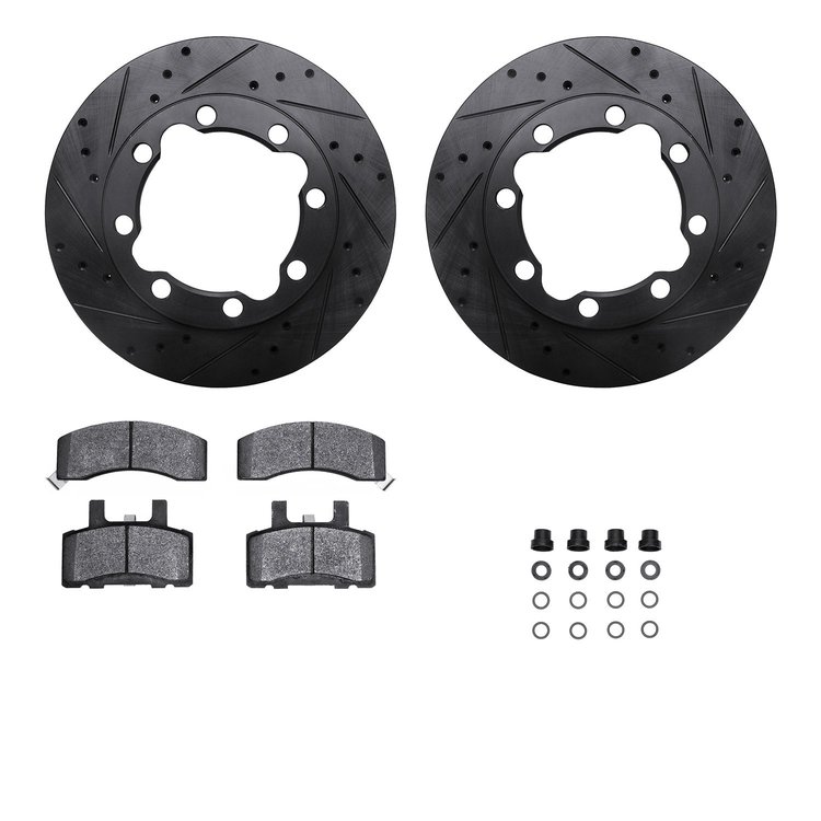 8412-40001 Drilled/Slotted Brake Rotors with Ultimate-Duty Brake Pads Kit & Hardware [Black], 1988-2000 Multiple Makes/Models, P
