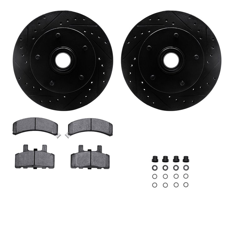 8412-40003 Drilled/Slotted Brake Rotors with Ultimate-Duty Brake Pads Kit & Hardware [Black], 1994-1999 Mopar, Position: Front