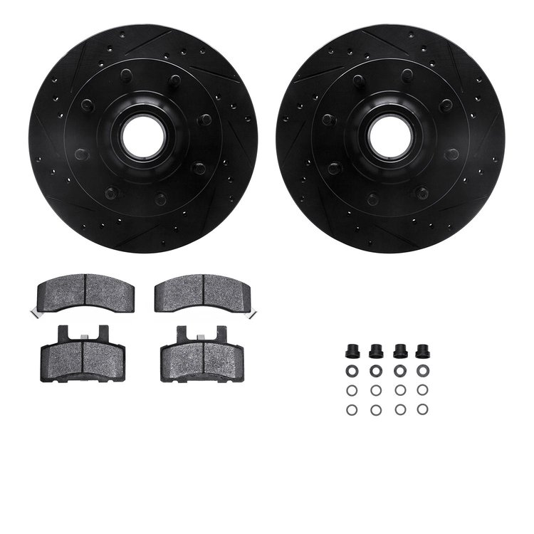 8412-40005 Drilled/Slotted Brake Rotors with Ultimate-Duty Brake Pads Kit & Hardware [Black], 1994-1999 Mopar, Position: Front
