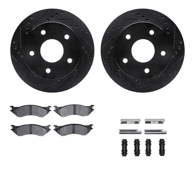 8412-40007 Drilled/Slotted Brake Rotors with Ultimate-Duty Brake Pads Kit & Hardware [Black], 2000-2001 Mopar, Position: Front