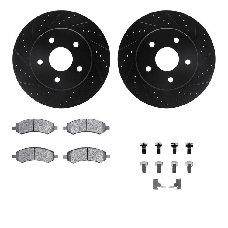 8412-40010 Drilled/Slotted Brake Rotors with Ultimate-Duty Brake Pads Kit & Hardware [Black], 2006-2018 Mopar, Position: Front
