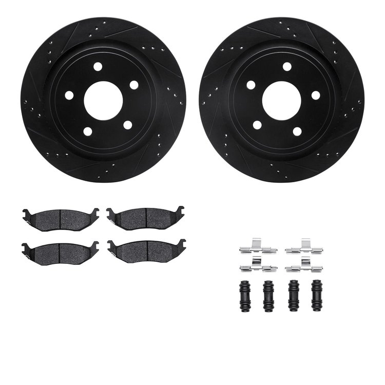 8412-40011 Drilled/Slotted Brake Rotors with Ultimate-Duty Brake Pads Kit & Hardware [Black], 2002-2018 Mopar, Position: Rear