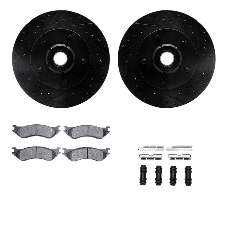 8412-40012 Drilled/Slotted Brake Rotors with Ultimate-Duty Brake Pads Kit & Hardware [Black], 2003-2003 Mopar, Position: Front