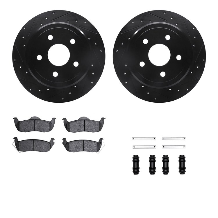 8412-42002 Drilled/Slotted Brake Rotors with Ultimate-Duty Brake Pads Kit & Hardware [Black], 2005-2010 Mopar, Position: Rear