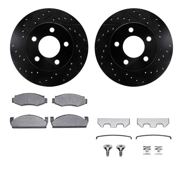 8412-42017 Drilled/Slotted Brake Rotors with Ultimate-Duty Brake Pads Kit & Hardware [Black], 1980-1981 GM, Position: Front