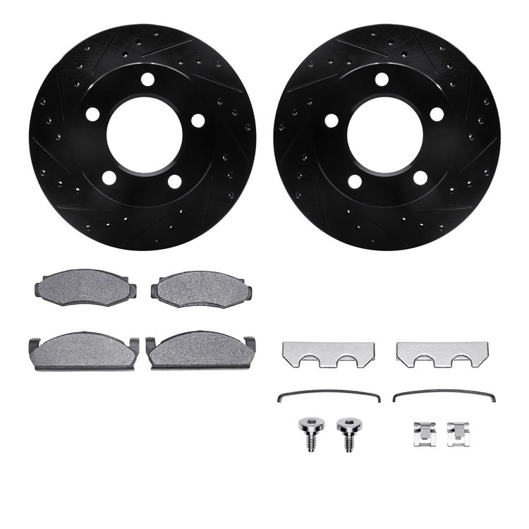 8412-42023 Drilled/Slotted Brake Rotors with Ultimate-Duty Brake Pads Kit & Hardware [Black], 1978-1981 Mopar, Position: Front