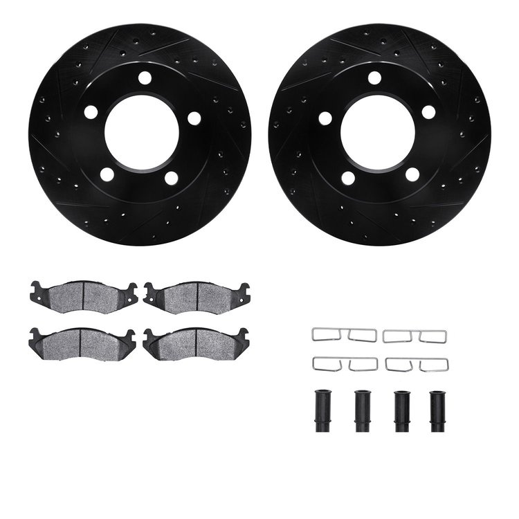 8412-42024 Drilled/Slotted Brake Rotors with Ultimate-Duty Brake Pads Kit & Hardware [Black], 1982-1986 Mopar, Position: Front