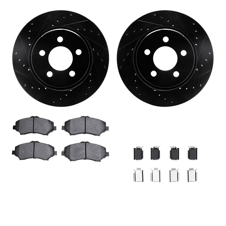 8412-42027 Drilled/Slotted Brake Rotors with Ultimate-Duty Brake Pads Kit & Hardware [Black], 2007-2012 Mopar, Position: Front