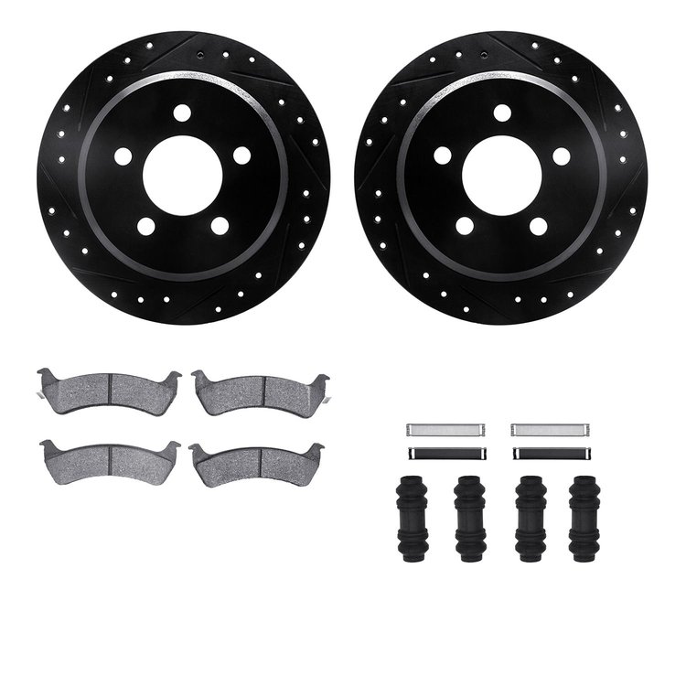 8412-42030 Drilled/Slotted Brake Rotors with Ultimate-Duty Brake Pads Kit & Hardware [Black], 1993-1994 Mopar, Position: Rear